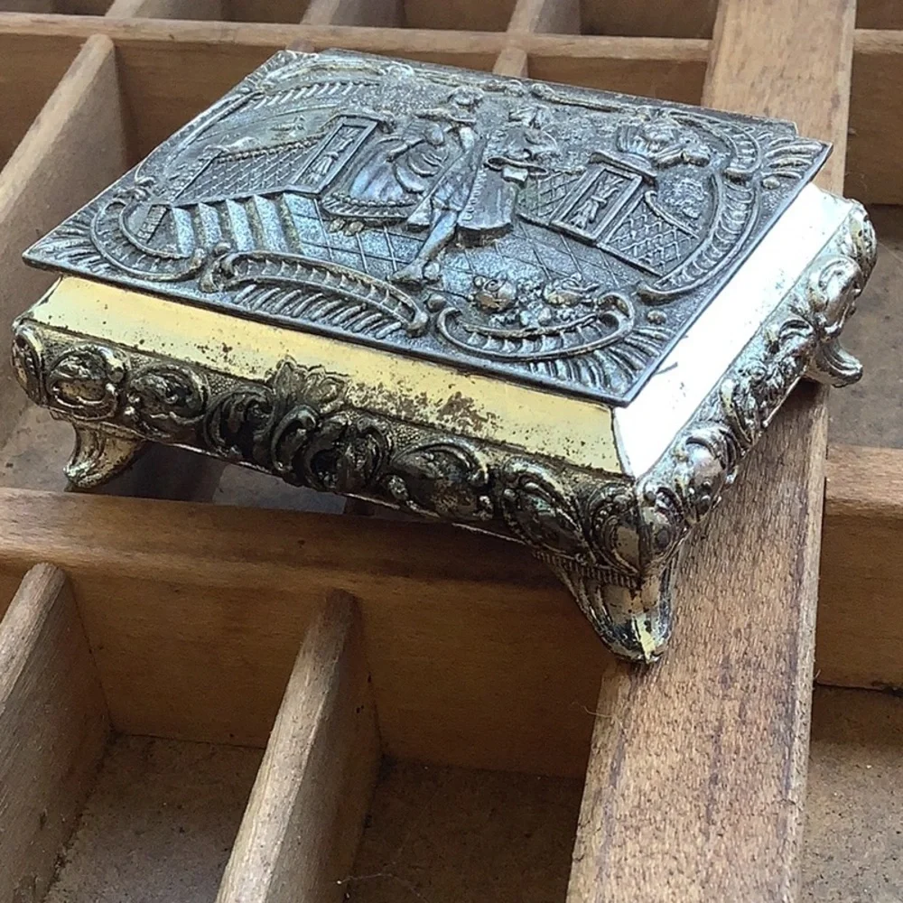 Antique Vintage Bundle Lot 3 Silver Cast Metal Jewelry Trinket Boxes